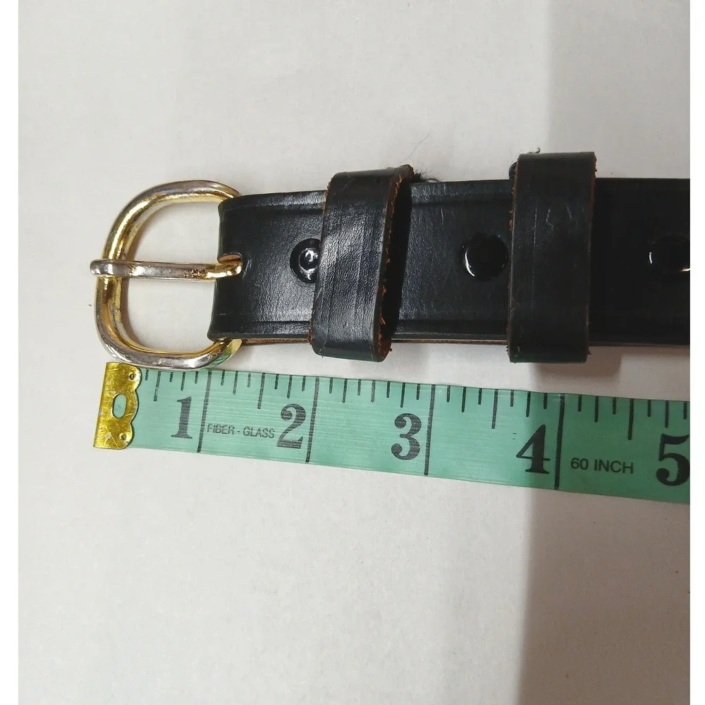 Mens Black Leather Belt Gold Horseshoe Buckle Snap On Size 38 Classic Workwear